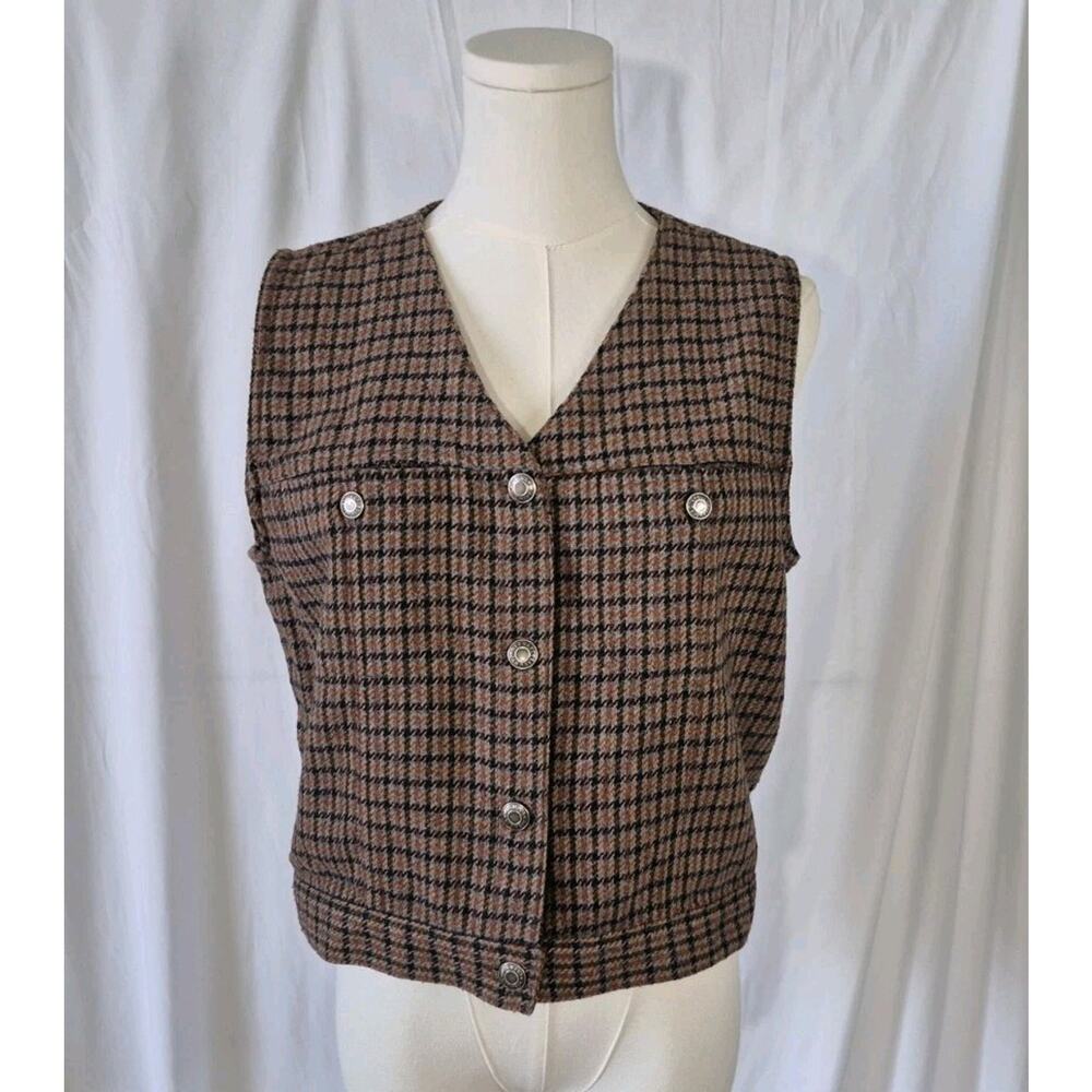 Vintage Womens Old Navy Outdoor Rust Brown Plaid Wool Blend Vest Medium 90s